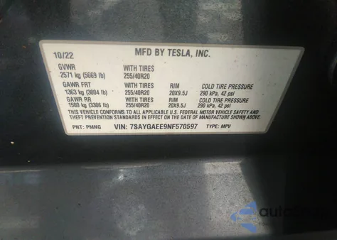 2022 Tesla Model Y Long Range Dual Motor All-Wheel Drive from USA, damaged, VIN 7SAYGAEE9NF570597